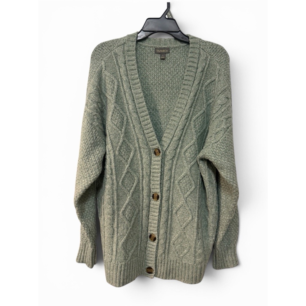 Sage Green Cable Knit Cardigan Womens XL Oversized Cozy Grandpa Style & Co